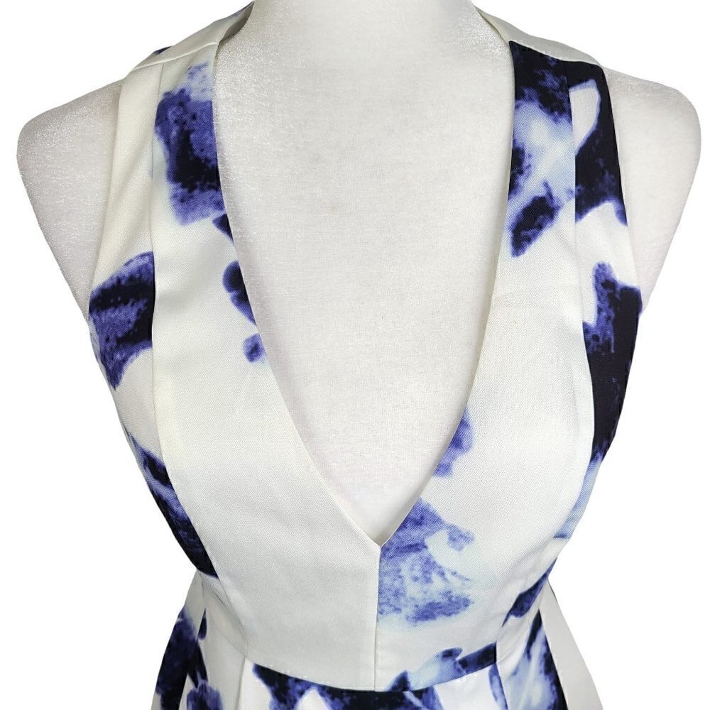Lulu's White Blue Floral V Neck Sexy Back Mini Sleeveless Dress - Picture 4 of 8